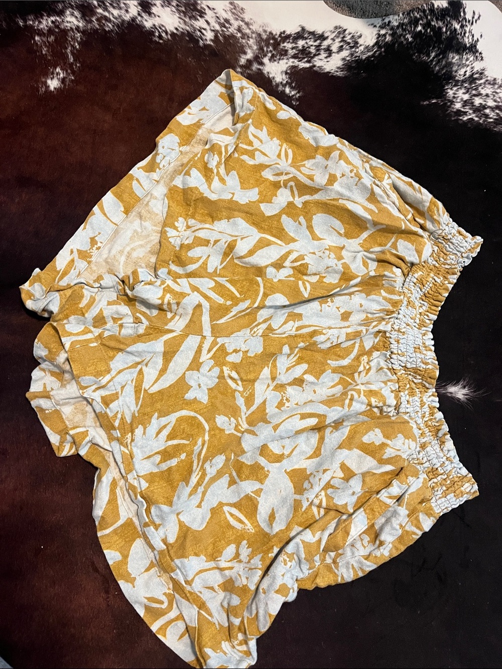 Women's Mustard Floral Smocked-Waist lounge shorts